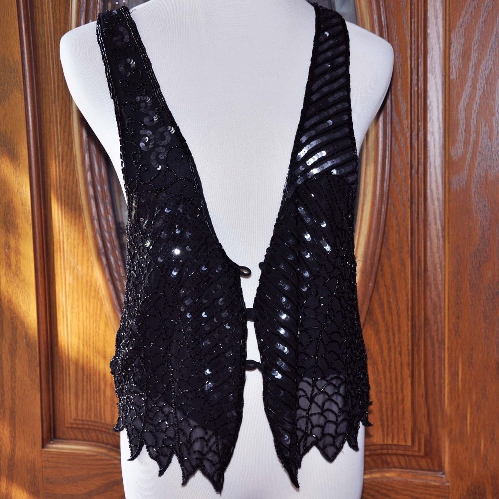 Silence + Noise Black Beaded and Sequin Sleeveless Loop Button Vest